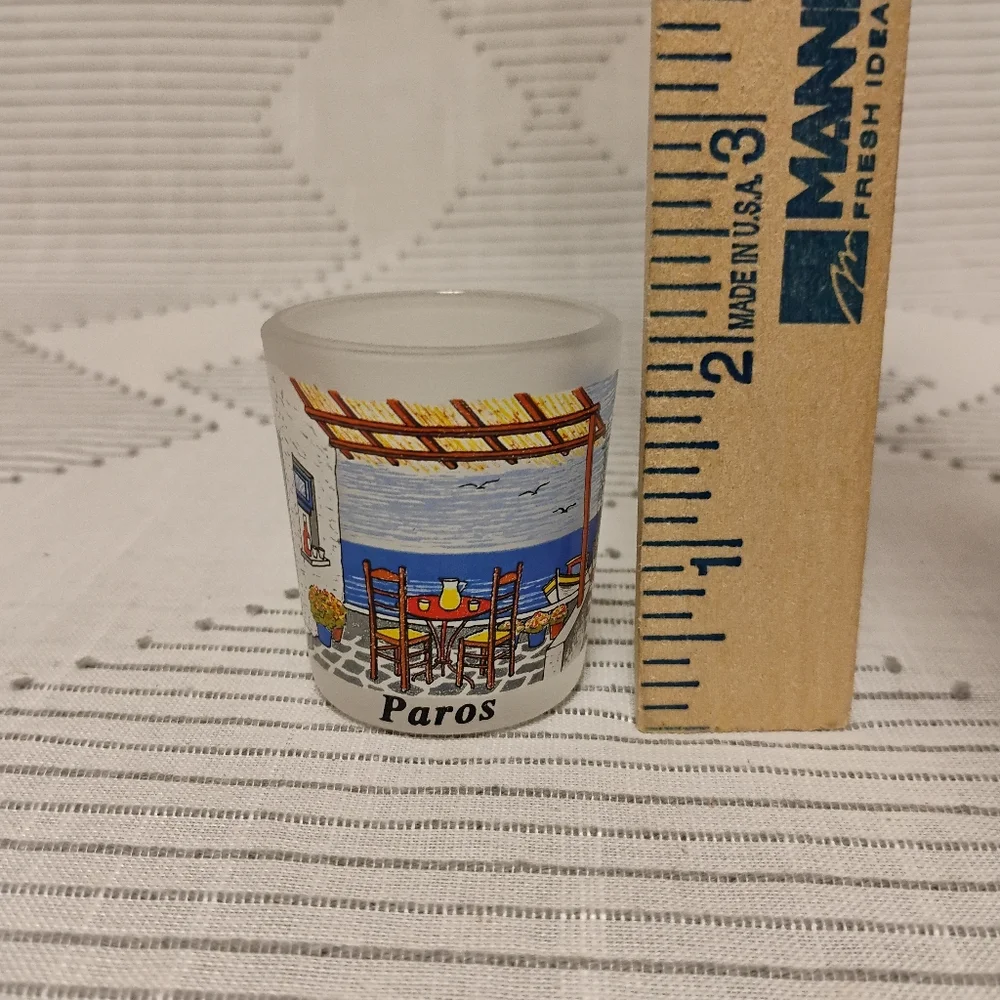 Paros Greek Island Frosted Souvenir Shot Glass Cafe Setting Scene